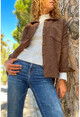 Kadın Kahverengi Kaşe Oversize Çift Cep Ceket Gömlek Bst3275