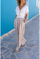 Womens Tile Waist Elastic Pocket Striped Loose Linen Trousers Bst3258