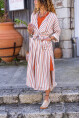 Kadın Kiremit Keten Şal Yaka Cepli Kendinden Kuşaklı Çizgili Kimono Elbise BST3373
