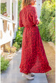 Kadın Kırmızı Kendinden Kemerli Kiloş Uzun Gömlek Elbise Bst3298