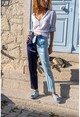 Kadın Laci-Mavi Color Block Kemerli Parlak Pantolon BST3133