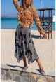 Womens Navy Blue Patterned Asymmetrical Cut Skirt Bst3242