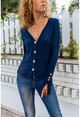 Womens Navy Blue Button Detailed Soft Textured Cardigan GK-BST3007