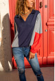 Kadın Lacivert-Kırmızı Polo Yaka Yarasa Kol Color Block Salaş Sweatshirt Bst3473