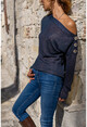 Womens Navy Blue Shoulder Buttoned Self-Textured Glittery Slim Knitted Blouse GK-BST2995