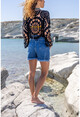 Womens Navy Blue Ripped Denim Shorts with Tassels Bstkt0050