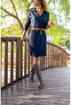Kadın Lacivert Polo Yaka Salaş Kendinden Desenli Simli Elbise GK-BST2988