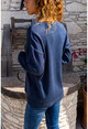 Womens Navy Blue V-Neck Loose Soft Textured Basic Sweater GK-CCK7090