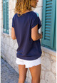 Womens Navy Blue V-Neck Collar Garnish Loose Blouse BST3247
