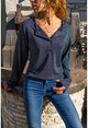 Womens Navy Blue Half Pop Soft Textured Slim Knitted Blouse GK-BST3165