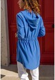 Kadın Mavi Beli Lastikli Cepli Kapüşonlu Ceket BST3233
