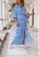 Kadın Mavi-Beyaz Kruvaze Beli Bağlamalı Kolu Lastikli Desenli Viskon Elbise Bst3415