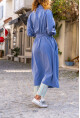 Kadın Mavi Ceket Yaka Düğmeli Cepli Kendinden Kemerli Salaş İnce Trençkot Bst3335