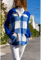 Womens Blue Pocket Hooded Raglan Sleeve Plaid Jacket Cardigan GK-BST3194
