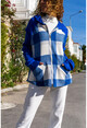 Womens Blue Pocket Hooded Raglan Sleeve Plaid Jacket Cardigan GK-BST3194
