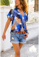 Womens Blue Patterned Satin Shirt Bst3231