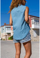 Kadın Mavi Keten Yarım Patlı Kolsuz Gömlek Bst7158