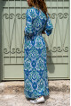 Kadın Mavi Kruvaze Beli Bağlamalı Kolu Lastikli Desenli Viskon Elbise Bst3415