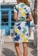 Kadın Mavi Yarım Patlı Desenli Kendinden Kemerli Poplin Elbise Bst3226