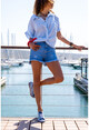 Womens Blue Ripped Denim Shorts with Tassels Bstkt0050