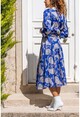 Womens Blue Satin Double Breasted Self-Belt Knit Dress BST3236