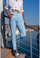 Womens Blue High Waist Pocket Pleated Double Leg Pants GK-BST3173