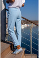 Womens Blue High Waist Pocket Pleated Double Leg Pants GK-BST3173