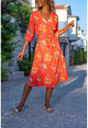 Womens Coral Patterned Belted Flared Double Breasted Dress BSTT4011-1140