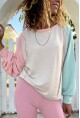 Kadın Pudra-Mint Raglan Kol Dikiş Detaylı Kayık Yaka Color Block Sweatshirt Bst3472