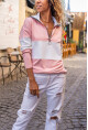 Kadın Pudra Yakası Fermuarlı Color Block Polo Yaka Salaş Sweatshirt Bst3471