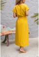 Kadın Sarı Keten Önden Yırtmaçlı Kendinden Kemerli Uzun Elbise Bst3221