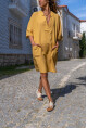 Kadın Sarı Keten V Yaka Cepli Elbise 1St10