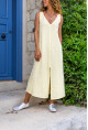 Kadın Sarı Müslin V Yaka Önden Yırtmaçlı Uzun Salaş Elbise Bst3419