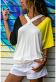 Kadın Sarı-Siyah Bloklu Dekolteli Salaş T-Shirt Bst3265