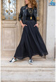 Womens Black Lined Crepe Oversized Skirt With Front Slit Elastic Waist Pocket BST3223