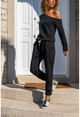 Womens Black Tie Waist Elastic Leg Pockets, Low-Cut Off Shoulder Tracksuit Jumpsuit GK-CCKLD351