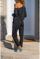 Womens Black Tie Waist Elastic Leg Pockets, Low-Cut Off Shoulder Tracksuit Jumpsuit GK-CCKLD351
