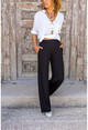 Womens Black Elastic Waist Pocketed Wide Leg Soft Textured Trousers GK-BST3169