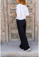 Womens Black Elastic Waist Pocketed Wide Leg Soft Textured Trousers GK-BST3169