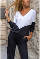 Womens Black and White V-Neck Color Block Soft Textured Loose Blouse BST3167