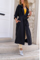Kadın Siyah Ceket Yaka Düğmeli Cepli Kendinden Kemerli Salaş İnce Trençkot Bst3335
