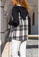 Womens Black Pocket Hooded Raglan Sleeve Plaid Jacket Cardigan GK-BST3194