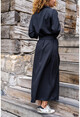 Kadın Siyah Kendinden Dokulu Cepli Metal Düğmeli Kuşaklı Uzun Gömlek Elbise Bst3276
