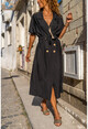 Womens Black Linen Jacket Collar Belted Loose Dress BST3162