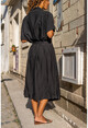 Womens Black Linen Jacket Collar Belted Loose Dress BST3162