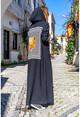 Womens Black Linen Hooded Slit Back Printed Long Dress BST3225