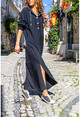 Womens Black Linen Hooded Slit Back Printed Long Dress BST3225