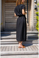 Womens Black Linen Long Dress With Front Slit Self Belt Bst3221