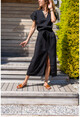Kadın Siyah Keten Önden Yırtmaçlı Kendinden Kemerli Uzun Elbise Bst3221