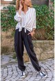 Womens Black Linen Safari Pants with Side Pockets and Elastic Legs BST3230